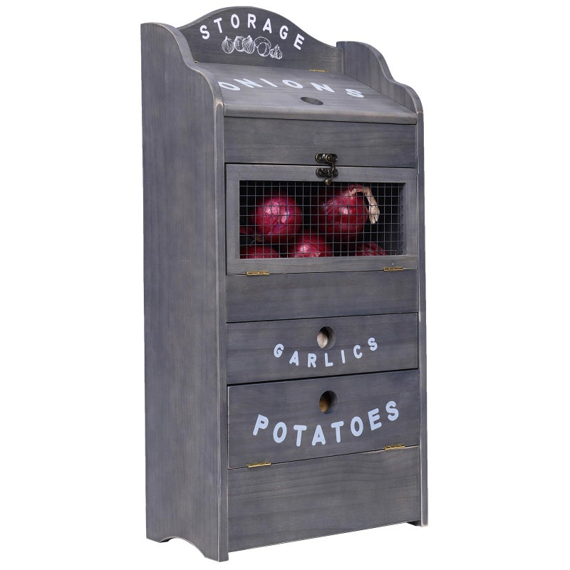 ARTAWEIN Potato Storage Bin Wall-mountable Potato Box with Lid Rustic and Garlic Drawer Onion Organizer with Grocery Section Decorative Vegetable Organization Cabinet for Kitchen - Image 1