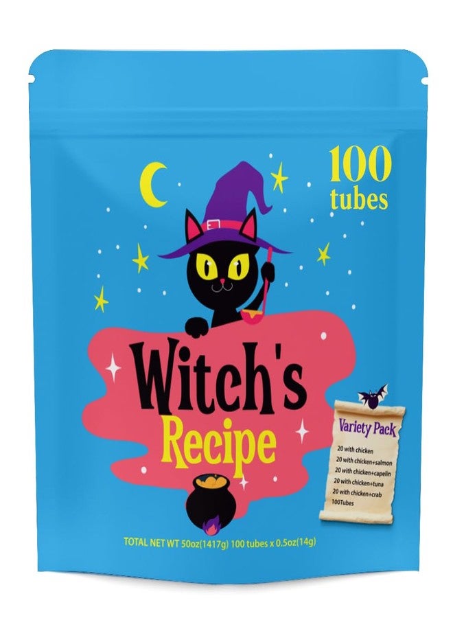 Witch's Recipe Lickable Cat Treats, Creamy Squeezable Puree, Grain-Free, 100 Tubes, Chicken Tuna Salmon goatmilk Capelin Flavors 0.5oz Each Tube - Image 1