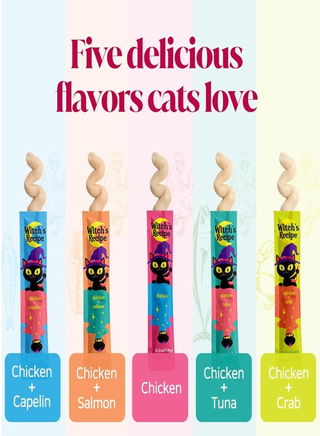 Witch's Recipe Lickable Cat Treats, Creamy Squeezable Puree, Grain-Free, 100 Tubes, Chicken Tuna Salmon goatmilk Capelin Flavors 0.5oz Each Tube - Image 3