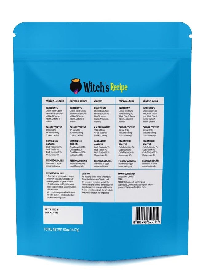 Witch's Recipe Lickable Cat Treats, Creamy Squeezable Puree, Grain-Free, 100 Tubes, Chicken Tuna Salmon goatmilk Capelin Flavors 0.5oz Each Tube - Image 2