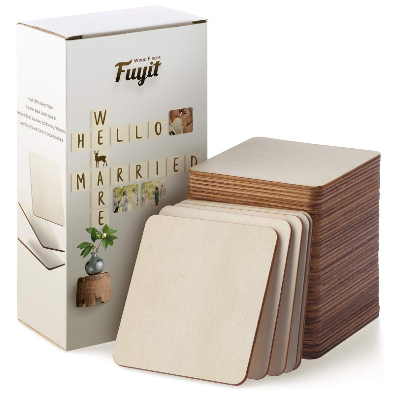 Fuyit Unfinished Wood Pieces 50Pcs 4 x 4 Inch Blank Natural Wood Square Wooden Cutouts Board for DIY Crafts Painting Scrabble Tiles Coasters Decoration