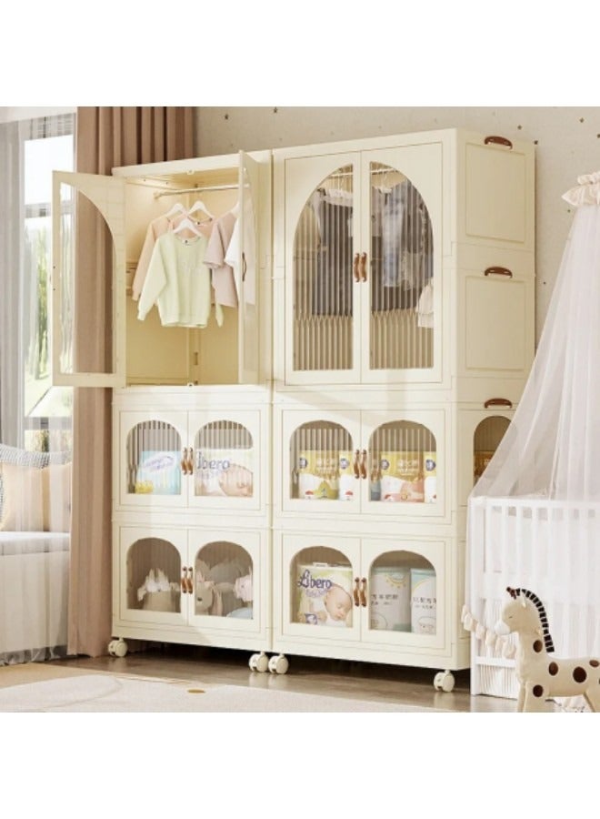 GGEROU Portable Kid Closet, 3 Tier Children's Wardrobe with Wheels, Installation-free Folding Wardrobes Bedroom Dust-proof Wardrobe Storage Cabinet Plastic Living Room Snack Organizing Bins - Image 4