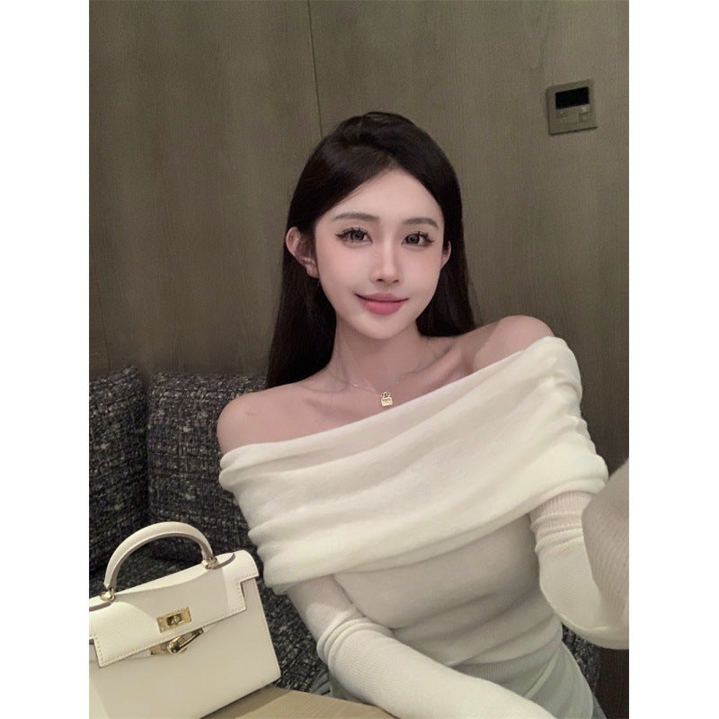 French style off-shoulder off-the-collarbone soft glutinous sweater early autumn lazy slim-fit sexy inner wear off-shoulder outer wear top for women White - Image 1