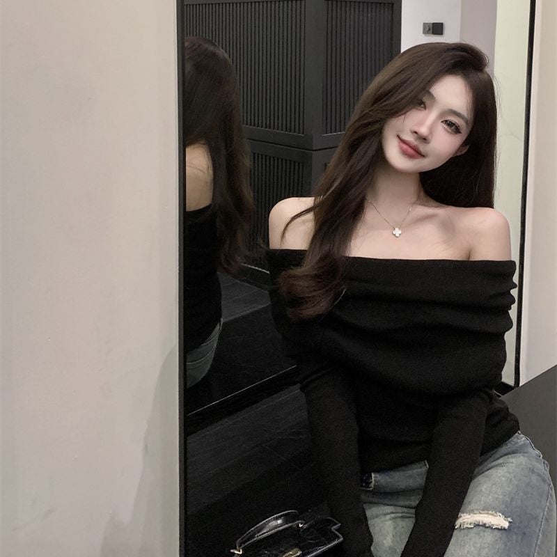 French style off-shoulder off-the-collarbone soft glutinous sweater early autumn lazy slim-fit sexy inner wear off-shoulder outer wear top for women White - Image 3
