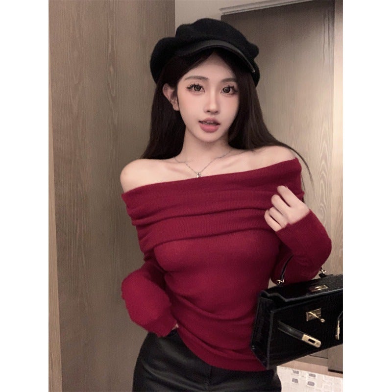 French style off-shoulder off-the-collarbone soft glutinous sweater early autumn lazy slim-fit sexy inner wear off-shoulder outer wear top for women White - Image 4