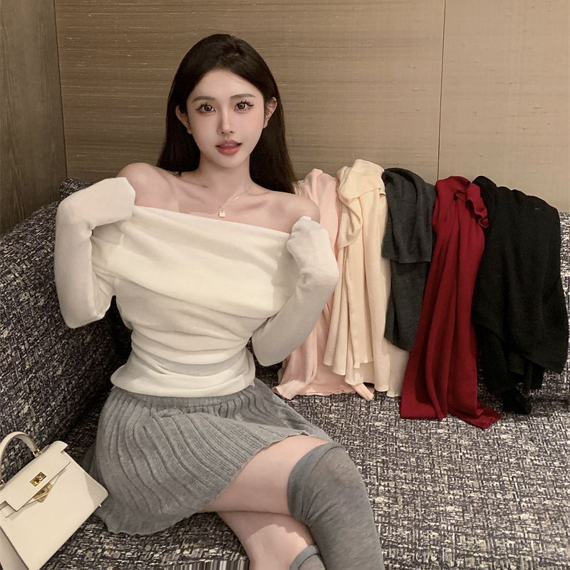 French style off-shoulder off-the-collarbone soft glutinous sweater early autumn lazy slim-fit sexy inner wear off-shoulder outer wear top for women White - Image 2