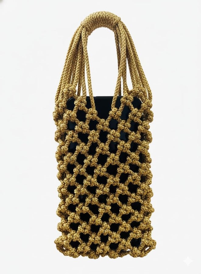 Tote Handbag For Women and Girls SMALL Size Crochet Handcrafted Perfect Weddings, Parties, Beach, and Special Events Compact bag phone and wallet cute petite Mobile cover Bag Clutch purse (Gold) - Image 2