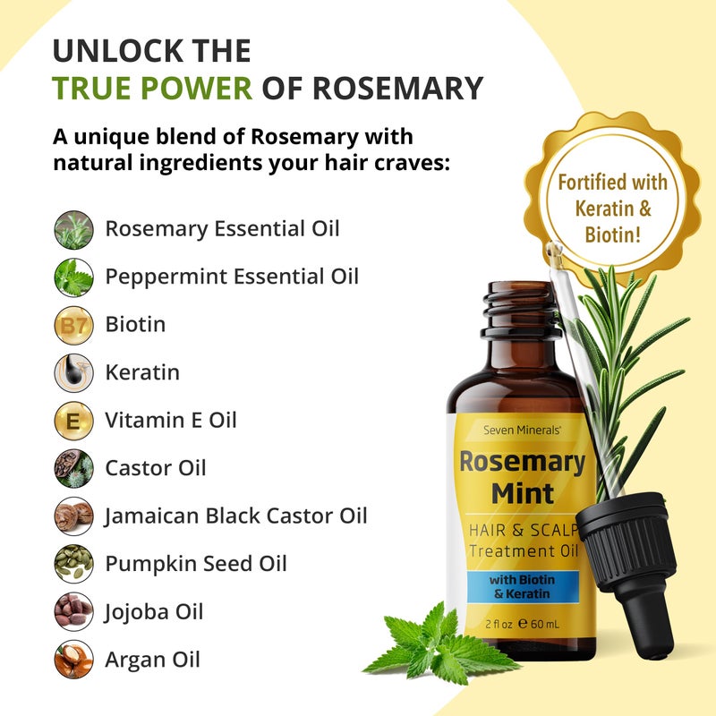 Seven Minerals Rosemary Oil for Hair Growth, Infused with Biotin, Keratin, Mint, and Natural Strengthening Oils for Men & Women, 2 fl oz - Image 2