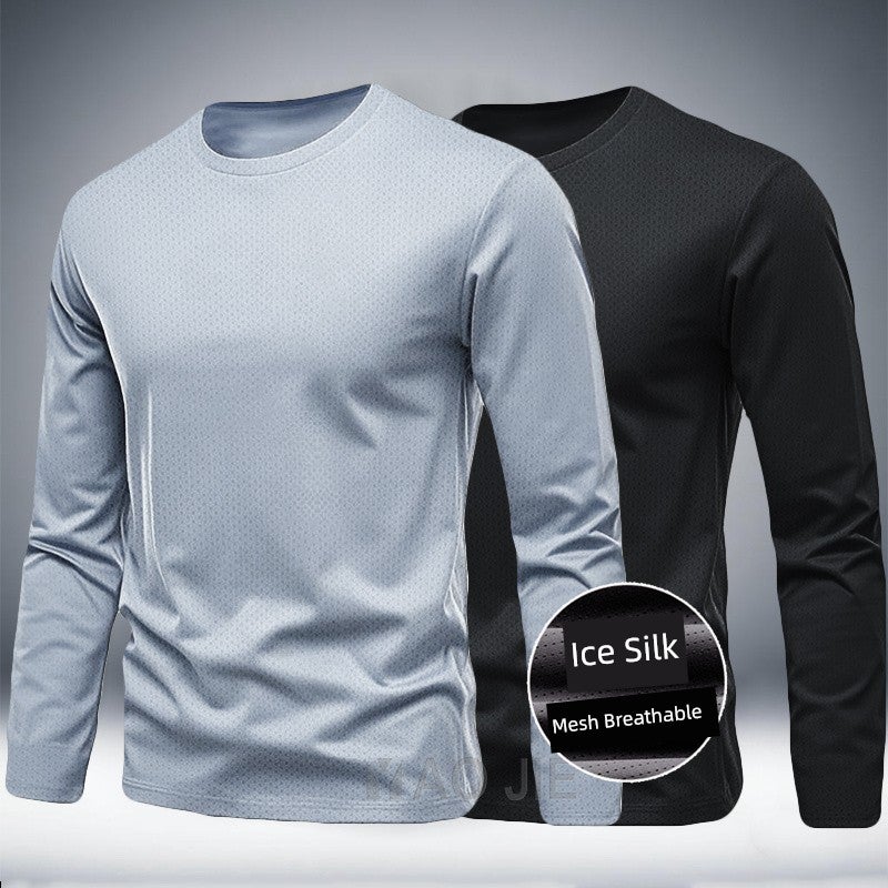 Spring and summer plus size ice silk mesh men's quick-drying long-sleeved round-neck sports running clothes fat T-shirt fitness training clothes - Image 2