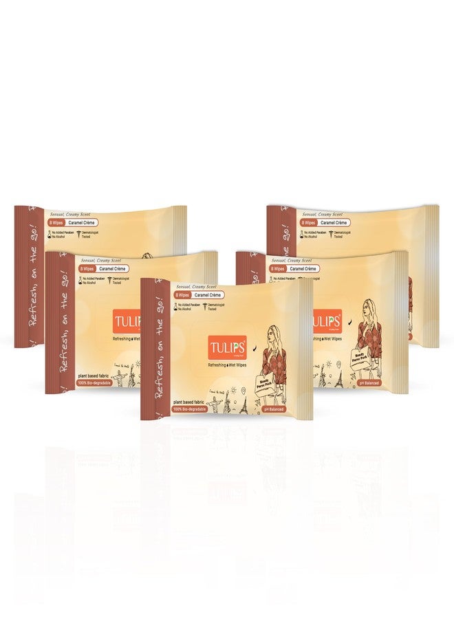 Tulips,Biodegradable Refreshing Pocket Wipes: Compact Care for On-the-Go Moments"delightful scent,gentle and safe for all skin types(Caramel Creme, Pack of 5) 8 wipes in a pack - Image 1