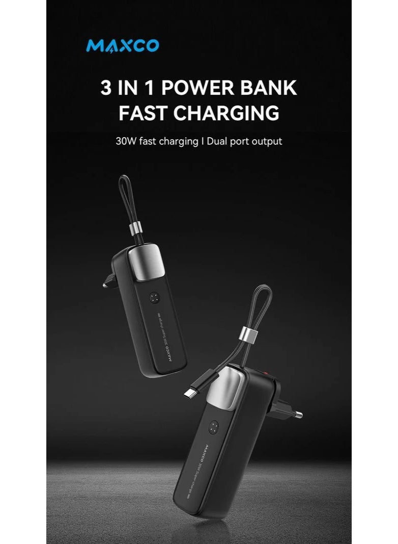 Maxco MP40 3-in-1 Fast Charging Power Bank, 30W High-Speed Portable Charger with Built-in Cables and Multiple Ports, Compact 10000mAh External Battery Pack for Smartphones, Tablets, and More - Image 3