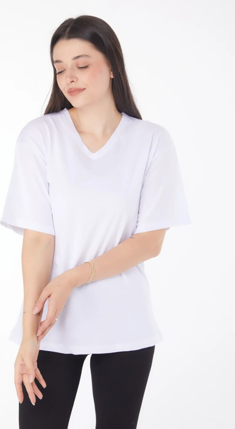 Tofisa Plain Navy Collar Women's White V Neck T-Shirt - 25767