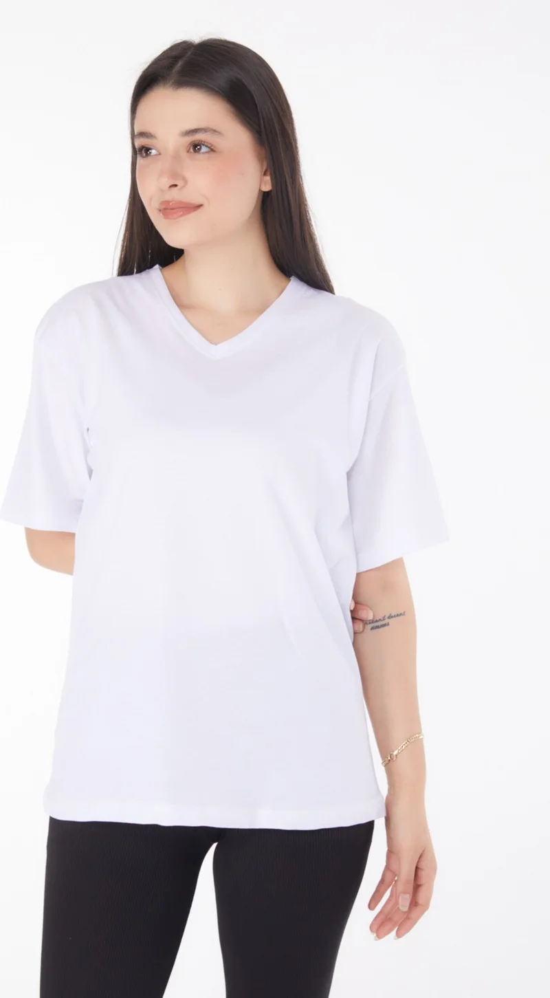 Tofisa Plain Navy Collar Women's White V Neck T-Shirt - 25767