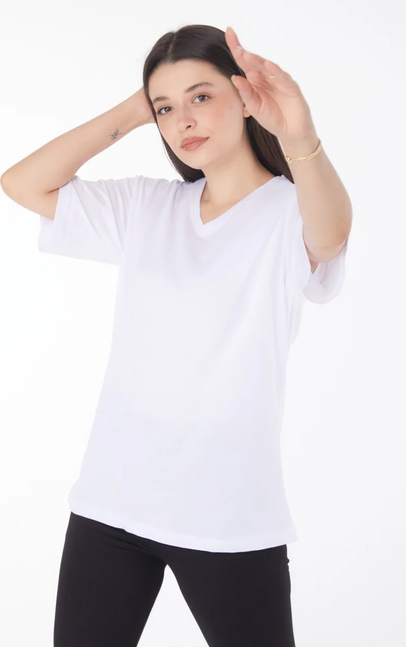 Tofisa Plain Navy Collar Women's White V Neck T-Shirt - 25767