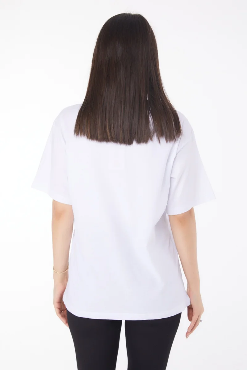 Tofisa Plain Navy Collar Women's White V Neck T-Shirt - 25767