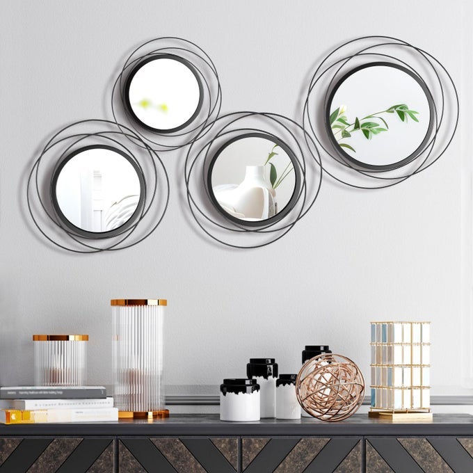 4 PCS DECORATIVE ROUND MODERN CIRCLE MIRROR WALL ART RING METAL MIRROR WALL MOUNTED FOR BEDROOM LIVING ROOM ENTRYWAY DINING ROOM HALLWAY BLACK