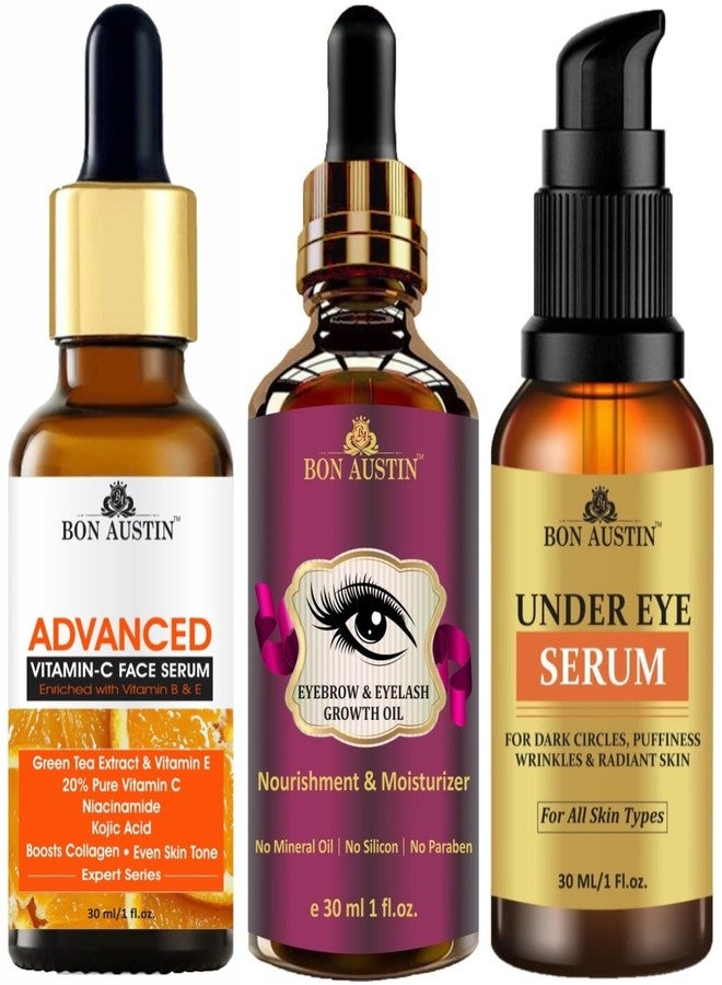 Bon Austin Advance Vitamin C Face Serum, Eyebrow and Eyelash Growth Oil (Helps to Growth Eyebrows & Eyelash) & Under Eye Serum (Remove Dark Circle) Each, 30ml - Combo of 3 Items - Image 1