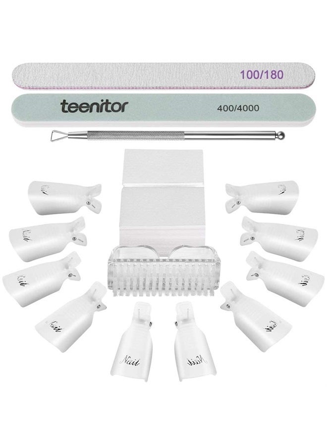 Teenitor gel nail remover kit with10pcs Gel Clip Remover, Brush for Nails, Nail Files 100/180, Buffer Block 400/4000, Stainless SteelCuticle Peeler and 115pcs Lint Free Cotton Pads Nail Wipe Clear - Image 1