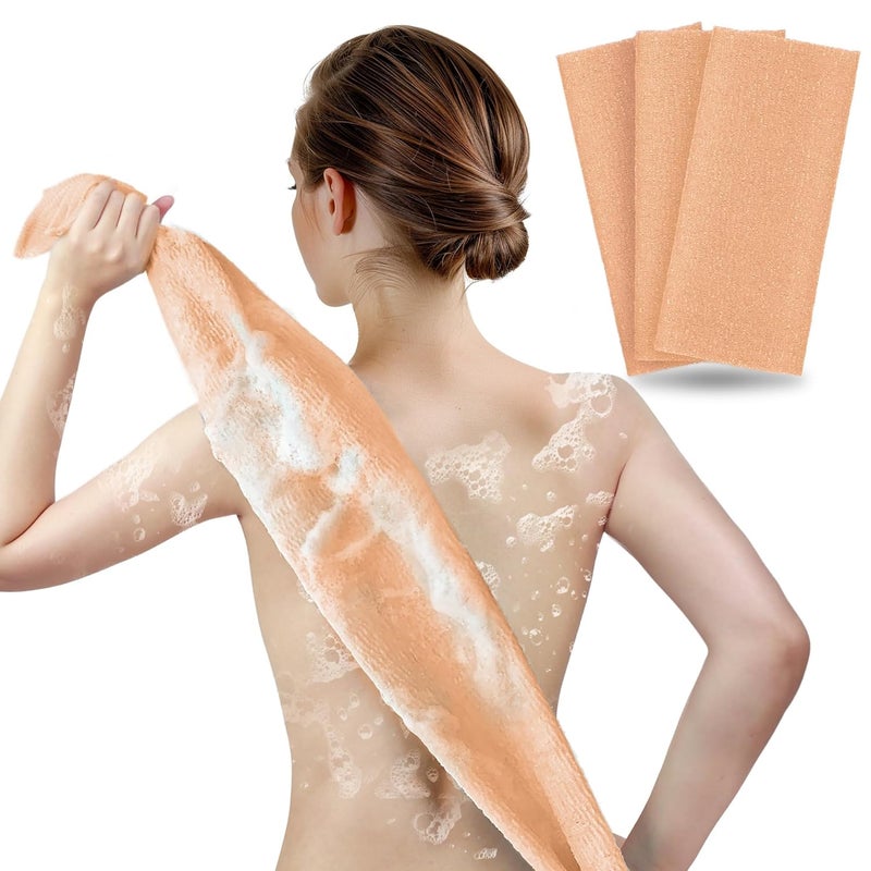 ARCH&M Exfoliating Washcloth Body Scrubber Back Scrubber for Shower Japanese Beauty Washcloth Bath Wash Cloth Korean Exfoliation Luffah Towel Net Sponge Loofah Body Scrub 3 Pack (Peach x 3) - Image 1