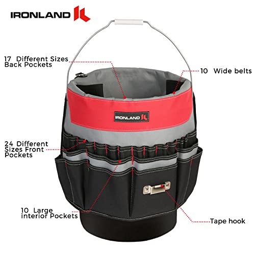 IRONLAND منظم أدوات دلو IRONLAND يناسب دلو سعة 3.5-5 جالون، 51 جيب، تنظيم أدوات دلو للحديقة، البناء، النجارة، الكهرباء، البناء باللون الأحمر والأسود - Image 2