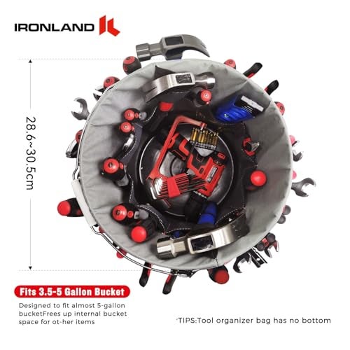 IRONLAND منظم أدوات دلو IRONLAND يناسب دلو سعة 3.5-5 جالون، 51 جيب، تنظيم أدوات دلو للحديقة، البناء، النجارة، الكهرباء، البناء باللون الأحمر والأسود - Image 3