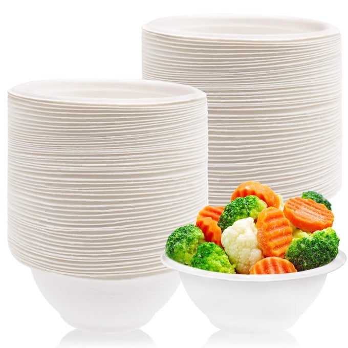 100 PCS 8OZ DISPOSABLE PAPER BOWLS NATURAL COMPOSTABLE WHITE HEAVYDUTY BAGASSE FOR PARTIES CATERING AND EVERYDAY USE