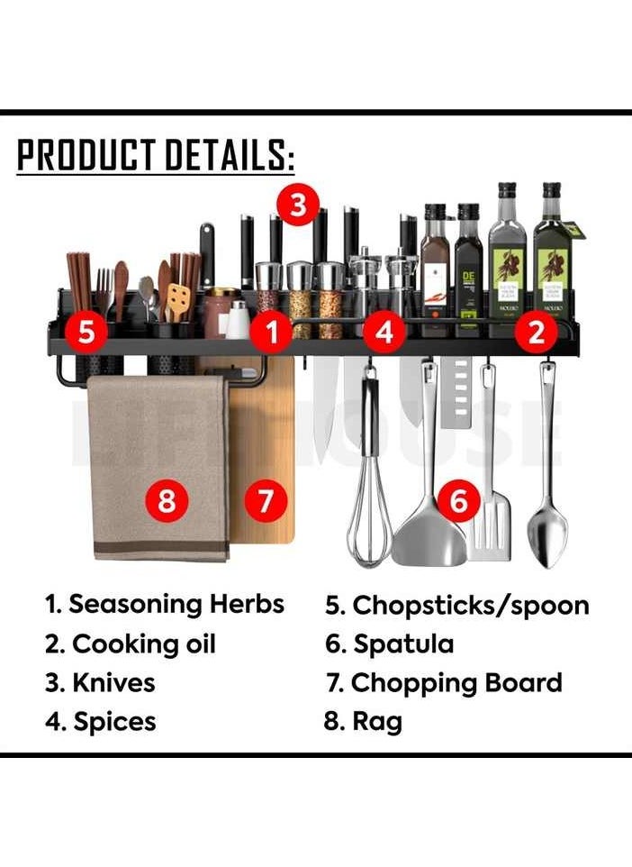 AIWANTO Hanging Spice Rack Wall Mount Space-Saving Kitchen Utensil with Hooks Storage Shelf for Utensils Spatula Spoon Seasoning Jar Organizer Multifunctional Mounted No Drilling Racks Pot Lid Cooking Holder Caddy Bottle Organization 60*12.5*10cm  - Image 3