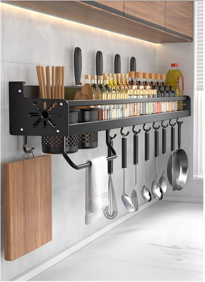 AIWANTO Hanging Spice Rack Wall Mount Space-Saving Kitchen Utensil with Hooks Storage Shelf for Utensils Spatula Spoon Seasoning Jar Organizer Multifunctional Mounted No Drilling Racks Pot Lid Cooking Holder Caddy Bottle Organization 60*12.5*10cm  - Image 1