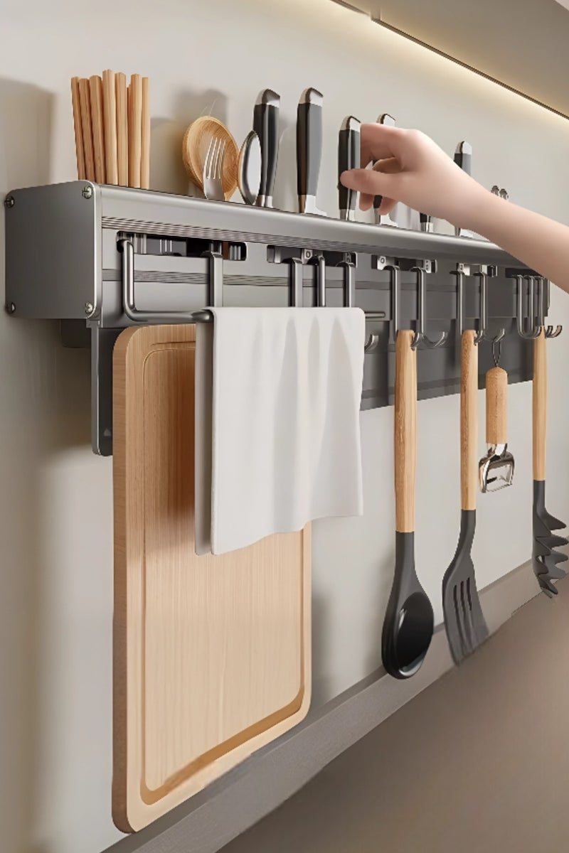 AIWANTO Hanging Spice Rack Wall Mount Space-Saving Kitchen Utensil with Hooks Storage Shelf for Utensils Spatula Spoon Seasoning Jar Organizer Multifunctional Mounted No Drilling Racks Pot Lid Cooking Holder Caddy Bottle Organization 60*6*7cm - Image 1