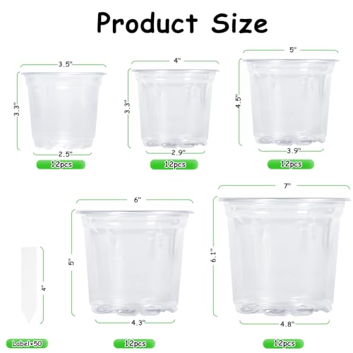 JNYONG 60 Pack 3.5/4/5/6/7 Inch Clear Nursery Pots with Drainage Hole,Variety Sizes Seed Starting Pots Transparent Plastic Plant Pots for Plants Transparency with 50 Plant Labels - Image 2