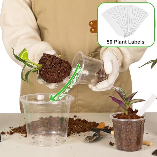 JNYONG 60 Pack 3.5/4/5/6/7 Inch Clear Nursery Pots with Drainage Hole,Variety Sizes Seed Starting Pots Transparent Plastic Plant Pots for Plants Transparency with 50 Plant Labels - Image 3