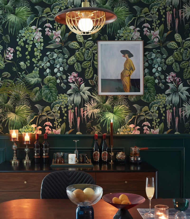 Ismoon Green Wallpaper Peel and Stick Vintage Floral Stick on Wall Paper 161x787in Moody Tropical Contact Paper Jungle Dark Botanical Leaf Removable Self Adhesive Wallpaper for Bedroom BlackGreen - Image 2