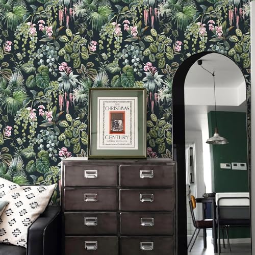 Ismoon Green Wallpaper Peel and Stick Vintage Floral Stick on Wall Paper 161x787in Moody Tropical Contact Paper Jungle Dark Botanical Leaf Removable Self Adhesive Wallpaper for Bedroom BlackGreen - Image 3