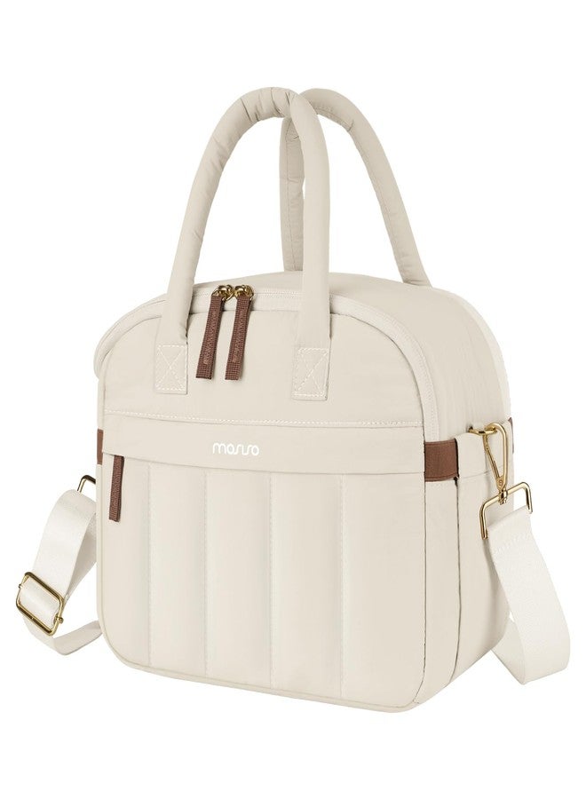 موسيسو حقيبة غداء موسيسو، حقيبة غداء للنساء، حقيبة غداء مبطنة ناعمة ومعزولة حرارياً، حقيبة غداء كبيرة قابلة لإعادة الاستخدام ومقاومة للتسرب مع جيب أمامي بسحاب ومقبض وحزام كتف للعمل والنزهات، لون بيج - Image 1