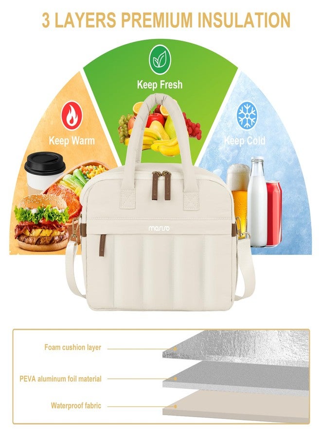 موسيسو حقيبة غداء موسيسو، حقيبة غداء للنساء، حقيبة غداء مبطنة ناعمة ومعزولة حرارياً، حقيبة غداء كبيرة قابلة لإعادة الاستخدام ومقاومة للتسرب مع جيب أمامي بسحاب ومقبض وحزام كتف للعمل والنزهات، لون بيج - Image 2