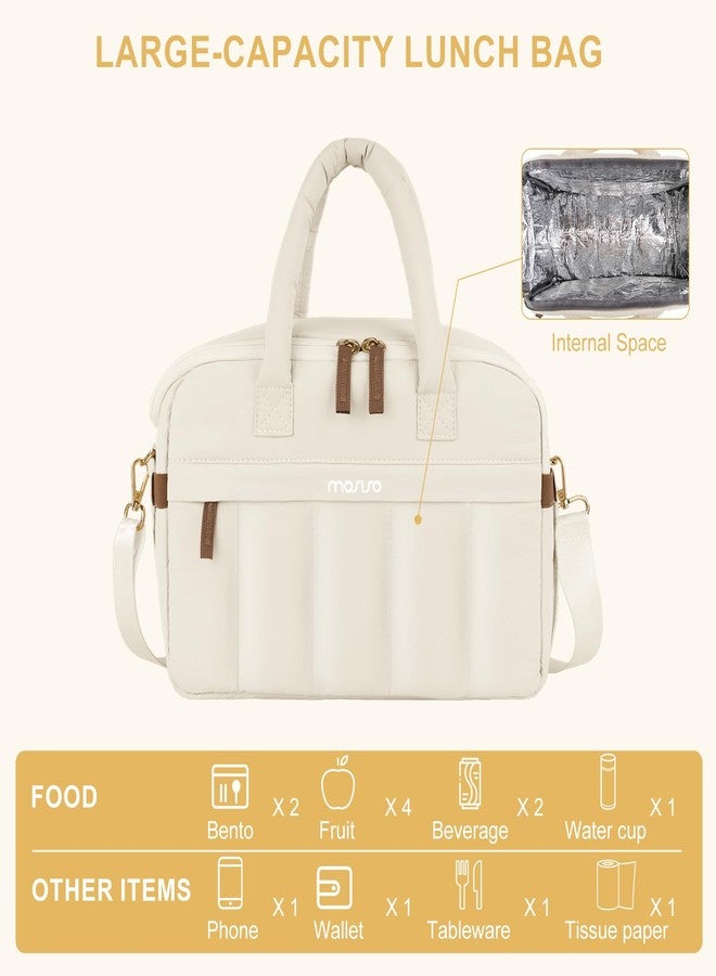 موسيسو حقيبة غداء موسيسو، حقيبة غداء للنساء، حقيبة غداء مبطنة ناعمة ومعزولة حرارياً، حقيبة غداء كبيرة قابلة لإعادة الاستخدام ومقاومة للتسرب مع جيب أمامي بسحاب ومقبض وحزام كتف للعمل والنزهات، لون بيج - Image 5