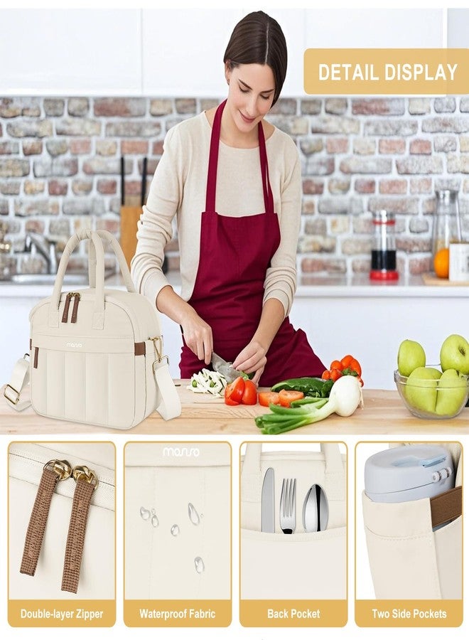 موسيسو حقيبة غداء موسيسو، حقيبة غداء للنساء، حقيبة غداء مبطنة ناعمة ومعزولة حرارياً، حقيبة غداء كبيرة قابلة لإعادة الاستخدام ومقاومة للتسرب مع جيب أمامي بسحاب ومقبض وحزام كتف للعمل والنزهات، لون بيج - Image 3