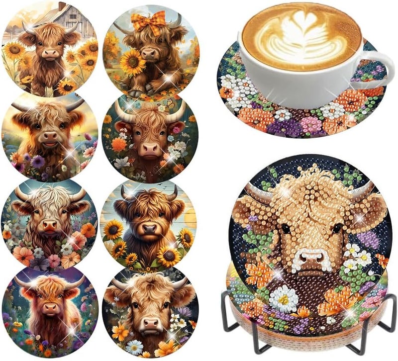 croshom 8 Pcs Diamond Art Painting Coasters Diamond Art Coasters with Holder, DIY Cow Coasters Diamond Art Painting Kits for Adults Beginners, Diamond Art Kits for Adults Arts and Crafts Supplies - Image 1