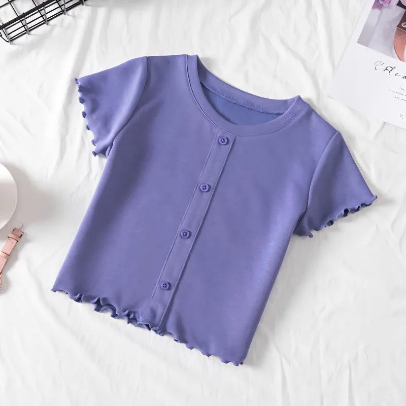 Girls' Summer Short-Sleeved T-Shirt Baby'S Western Style Children'S Personality Trendy Brand Ear-Edged Button Modal Internet Popular Top - Image 1
