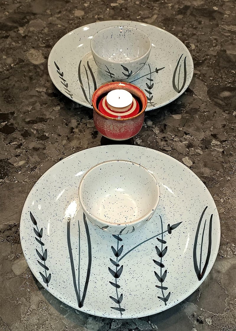 Caffeine Ceramic Handmade White Bamboo Dinner Set(Set of 4) - Image 1