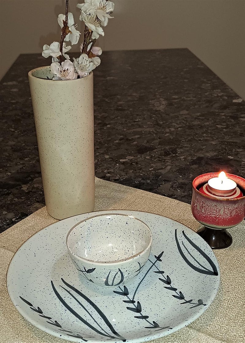 Caffeine Ceramic Handmade White Bamboo Dinner Set(Set of 4) - Image 2