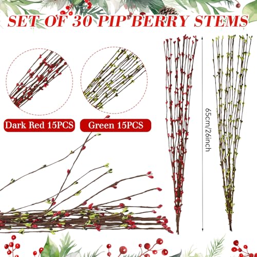 WILLBOND 64 Feet Ply Pip Berry Garland for Christmas Winter Indoor Outdoor Decor Head Wreaths Wedding Crowns Dark RedGreen 30 Packs - Image 3