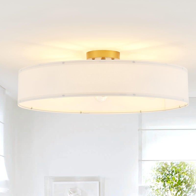 VILUXY Gold Semi-Flush Mount Ceiling Light Fixture with 24" Large White Fabric Drum Shade 5-Light for Bedroom Dining Room Entryway Round Ceiling Lamps - Image 1