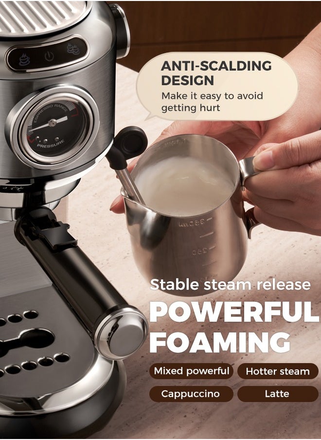 Cafelffe Espresso Coffee Machine with Professional Pressure Gauge and Milk Frother 1450W 1.1L Silver  - Image 5