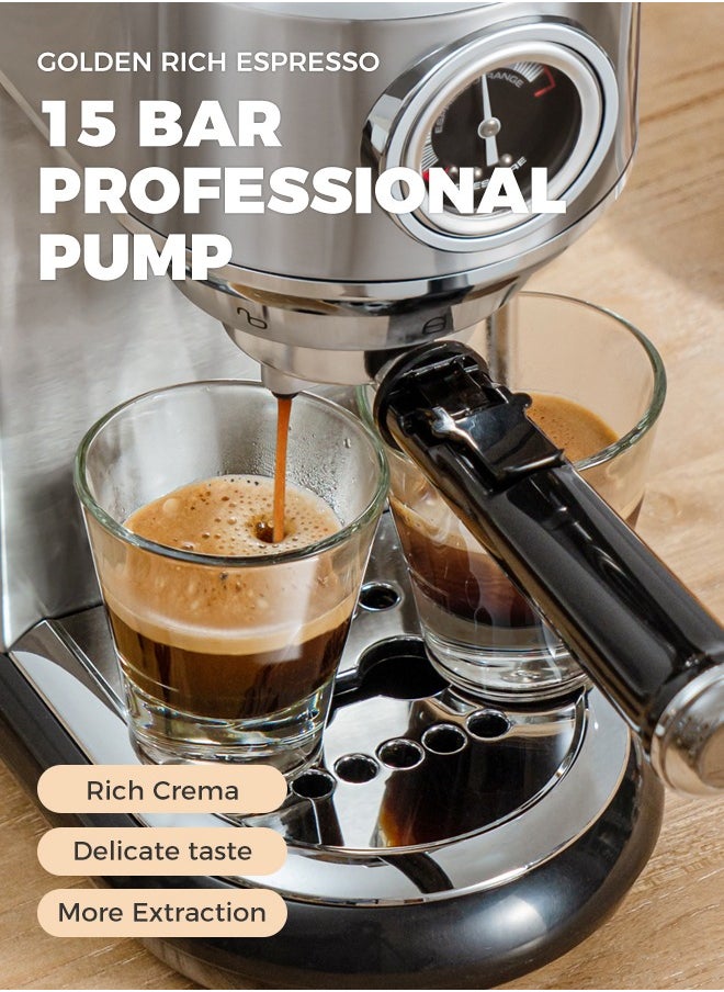 Cafelffe Espresso Coffee Machine with Professional Pressure Gauge and Milk Frother 1450W 1.1L Silver  - Image 3