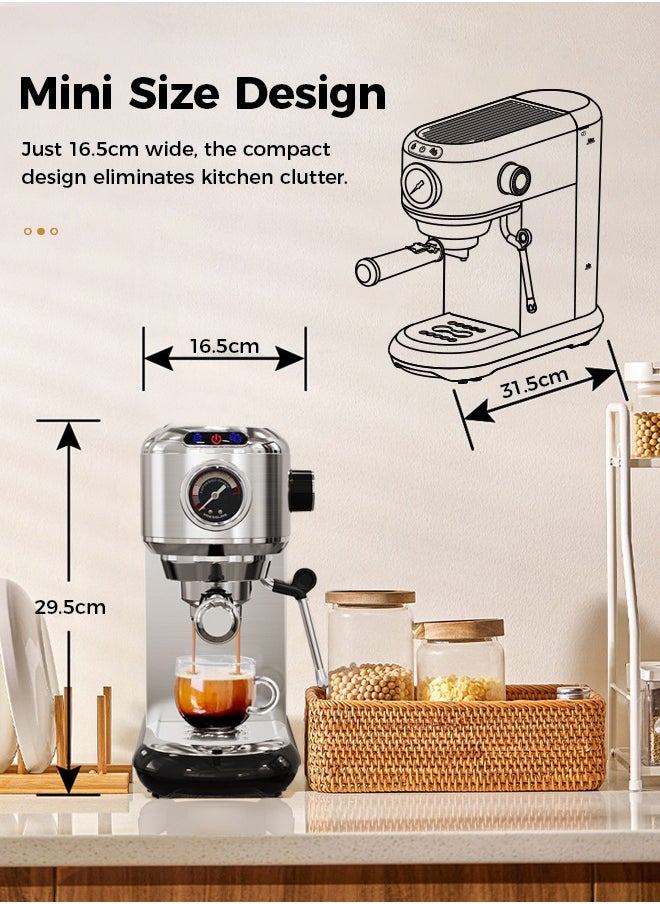 Espresso Coffee Machine with Professional Pressure Gauge and Milk Frother 1450W 1.1L Silver