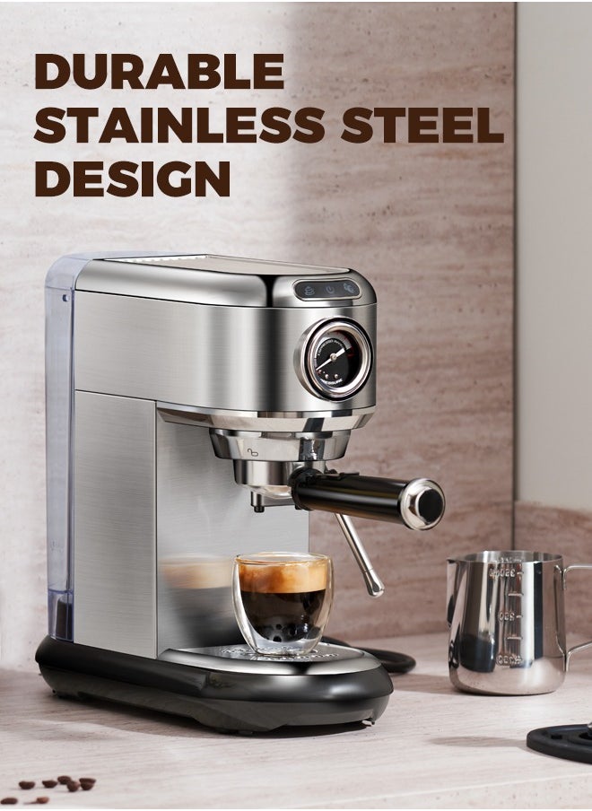 Espresso Coffee Machine with Professional Pressure Gauge and Milk Frother 1450W 1.1L Silver