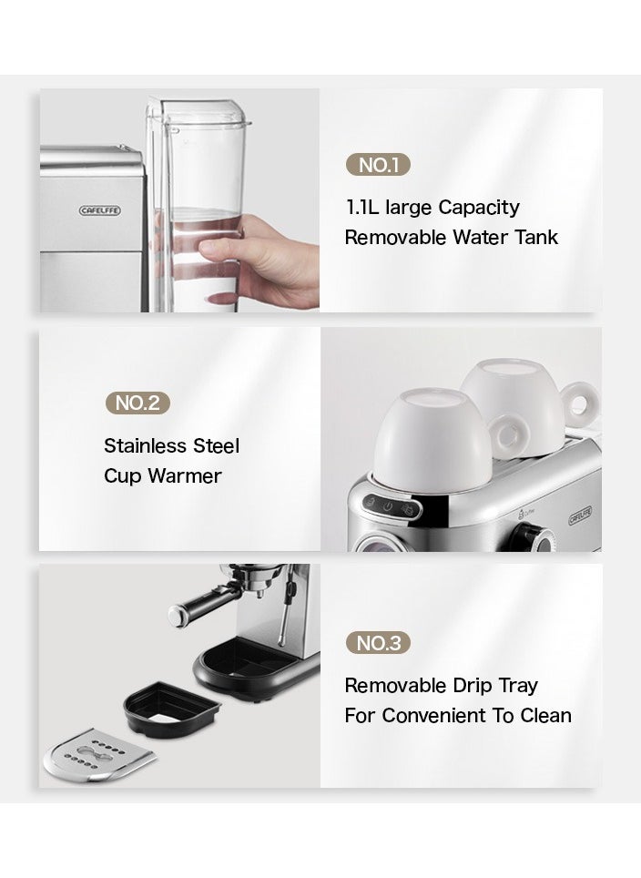 Espresso Coffee Machine with Professional Pressure Gauge and Milk Frother 1450W 1.1L Silver