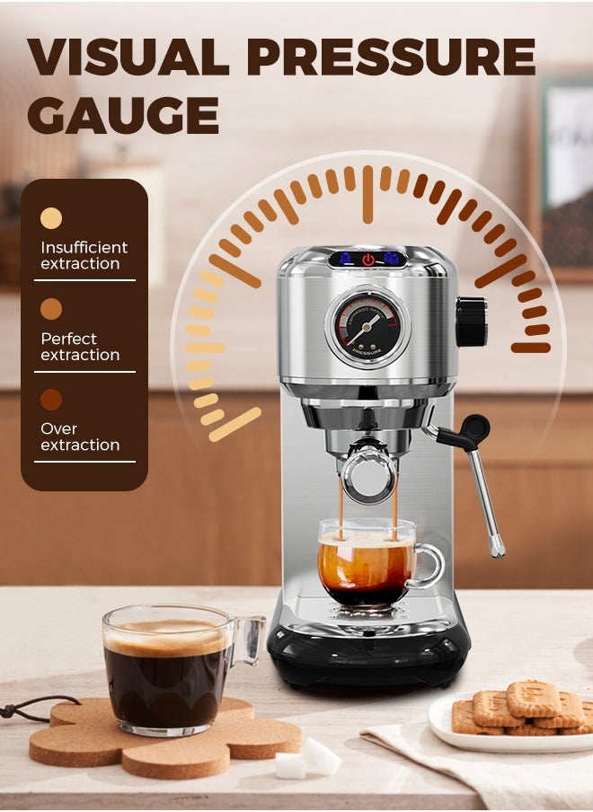 Cafelffe Espresso Coffee Machine with Professional Pressure Gauge and Milk Frother 1450W 1.1L Silver  - Image 2