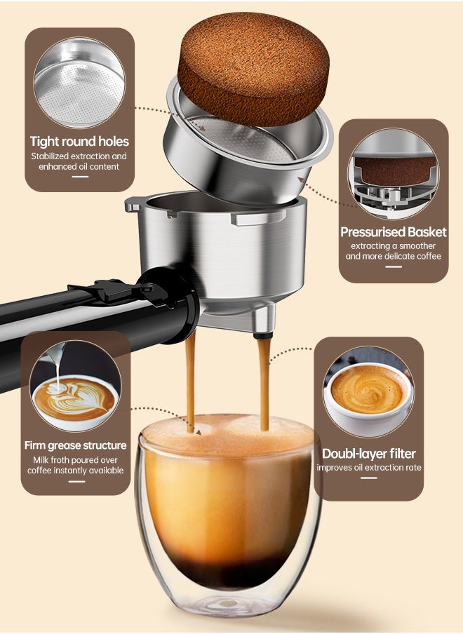 Espresso Coffee Machine with Professional Pressure Gauge and Milk Frother 1450W 1.1L Silver